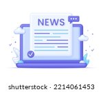 3D Computer and News illustration. Sheet of paper with header and digital news. Online News, event information, company information and announcements. Newspaper icon. Modern vector in 3d style.