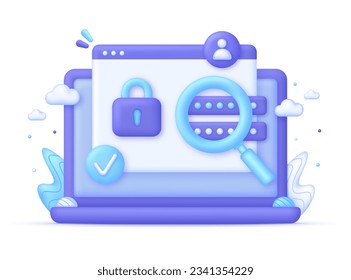 3D Computer and Protect Personal Data. Cyber security concept. Padlock and password icons. User authorization, sign in to account, authentication page. Trendy and modern vector in 3d style