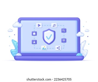 3D Computer protection illustration. Antivirus concept. Cyber security. Updating devices. File Transfer. Protecting data and confidentiality. Modern vector in 3d style.