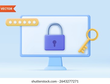 3d computer screen with lock. Personal data security. 3D rendering. Vector illustration
