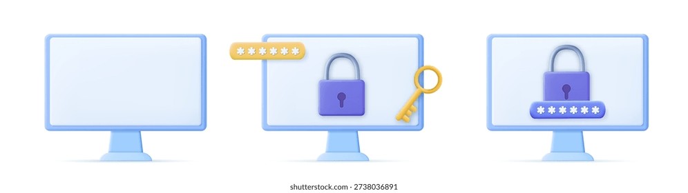 3d computer screen with lock. Personal data security. 3D rendering. Vector illustration
