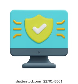3d computer with security shield icon vector. Isolated on white background. 3d cyber security, data protection and internet security concept. Cartoon minimal style. 3d icon vector render illustration.