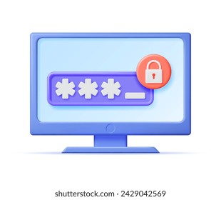 3D Computer with Shield Lock and Password on Screen. Render Monitor with Padlock. Concept of Computer Security, Data Protection and Confidentiality. Safety, Encryption and Privacy. Vector Illustration