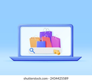 3D Computer with Shopping Bag Isolated. Render Realistic Gift Bag and Laptop. Sale, Discount or Clearance Concept. Online or Retail Shopping Symbol. Fashion Handbag. Vector Illustration