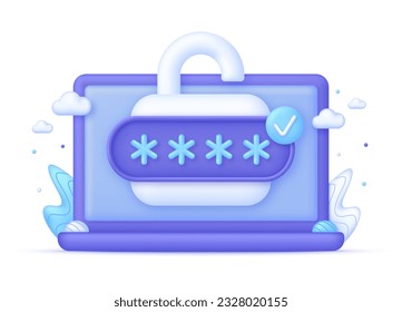 Ordenador 3D y candado desbloqueado. Ciberseguridad para proteger los datos personales. Iconos de bloqueo y contraseña. Autorización de usuario, inicio de sesión en la cuenta, página de autenticación. Vector moderno y moderno de estilo 3d