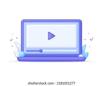 Ilustración de 3D Computadora y reproductor de vídeo. Tutoriales de vídeo, cursos de formación y trabajo en línea para webinars, juego de e-learning, aprendizaje en línea de negocios, streaming, conferencia. Vector de estilo 3d.