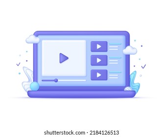 3D Computer   video player illustration  Video tutorials  online webinars trainings   work  e  learning set  business online learning  streaming  conference  Vector in 3d style 