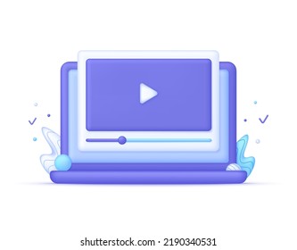 3D Computer   video player illustration  Video tutorials  online webinars trainings   work  e  learning set  business online learning  streaming  conference  Vector in 3d style 