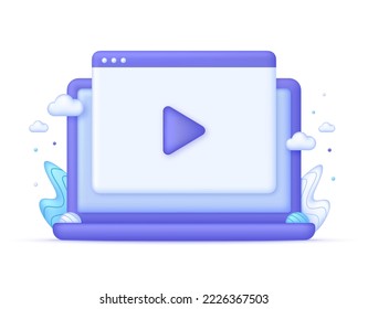 3D Computer and video player illustration. Video tutorials, online webinars trainings and work, e-learning set, business online learning, streaming, conference. Vector in 3d style.