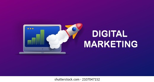3D concept of digital marketing, Marketing analytics, Digital growth, Marketing analytics concept with rocket icon vector illustration