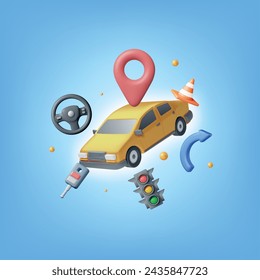 3D Concept of Driving School Isolated. Render Car with Traffic Cones, Wheel, Key and Traffic Lights. Driving Courses, Instructor Teacher Services and Car Training Tests. Realistic Vector Illustration