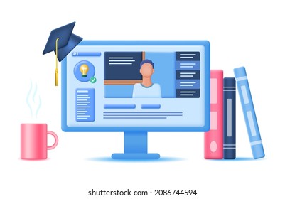 3d Concept E-learning Plasticine Cartoon Style Include of Computer Screen, Books and Cup. Vector illustration of Online Education