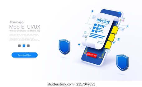 3d Concept of an electronic contractor digital signature of a document, an authentic file, data source security,. Online signing of a contract on the digital screen of smartphone. Vector illustration.