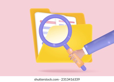 3d concept of file management. Searching magnifying document database, time management, todo list concept. 3d vector render with purple background