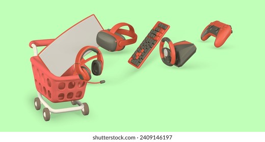 3d concepto de tienda de juegos. Carro de compras realista con gafas VR, volante, auriculares, almohadilla de juego y teclado. Ilustración vectorial.