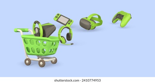 3d concept of game store. Realistic shopping cart with VR glasses, steering wheel, headphones, game pad and keyboard. Vector illustration.