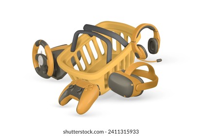 3d concepto de tienda de juegos. Tienda de juegos con cesta de compras, casco VR, auriculares, joystick y volante. Ilustración vectorial.