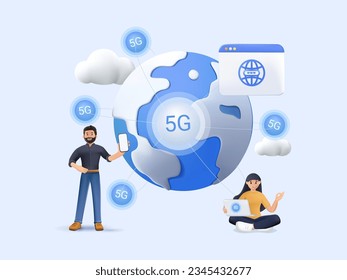 3D Concept high speed internet 5G. Smartphone wireless technology, wifi connection. 3D cartoon tiny people workers with mobile phones and laptop, innovative generation vector illustration