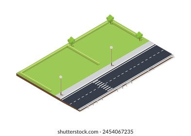 3d Concept Illustration of a green park with grass, trees, highway, city lights, Suitable for Diagrams, Infographics, Book Illustration , Infographics, And Other Graphic asset
