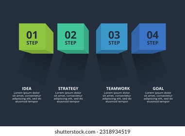 3d concept for infographic with 4 steps, options, parts or processes. Template for web on a black background.