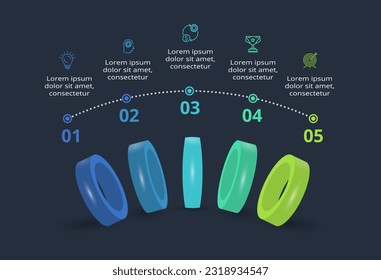 3d concept for infographic with 5 steps, options, parts or processes. Template for web on a black background.