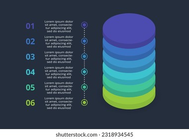 3d concept for infographic with 6 steps, options, parts or processes. Template for web on a black background.