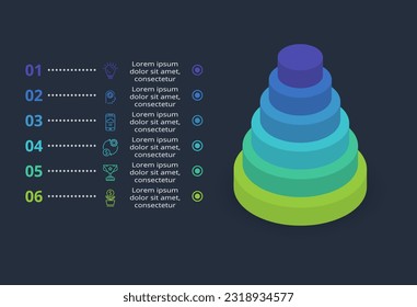 3d concept for infographic with 6 steps, options, parts or processes. Template for web on a black background.