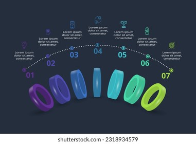 3d concept for infographic with 7 steps, options, parts or processes. Template for web on a black background.