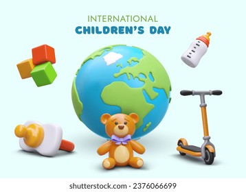 3D concept of International Children Day. Greeting card, color poster template. Caring for younger generation. Healthy food, development and entertainment. Banner for web page