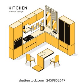 3d concepto cocina interior, muebles y electrodomésticos para cocinar. Casa, habitación, tienda de muebles de Plantilla, estudio de diseño, negocio arquitectónico, albergue. Vector lineal isométrico ilustrado