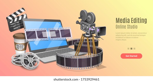 3d Concept of Online Video Editing App, Motion Design Studio Software, Multimedia Production, Video Blogging. Vector Template For Web Banner or Website Landing Page.