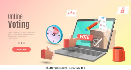 3d Concept of Online Voting App, E-voting, Internet Election System. Vector Template For Web Banner or Website Landing Page.