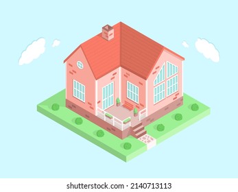 3d concept of a private home. Cute family house in isometric view. Beautiful vector illustration.