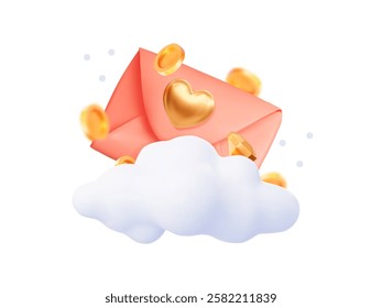 3D concept of a romantic mailing. A red envelope with a golden heart, flying coins, and a cloud. Vector illustration.