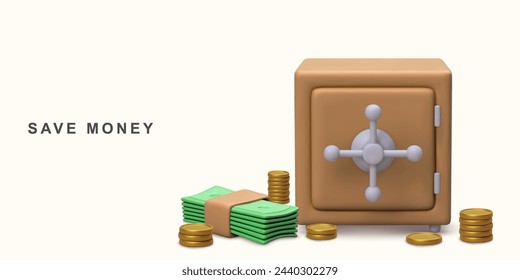 3d concept Safe box  coins and stacks of dollar cash. Vector illustration.