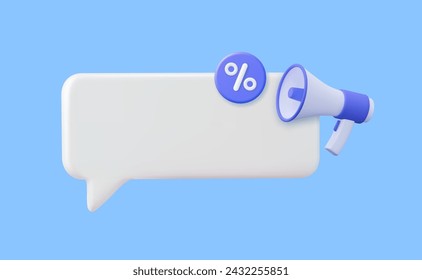 3d concept of a sale. white empty match bubble with a percentage coin and a loudspeaker. 3d rendering. Vector illustration