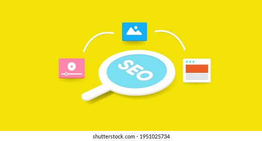 Concepto 3D de SEO, optimización de motores de búsqueda, texto SEO sobre lupa con iconos - ilustración vectorial conceptual