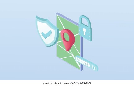 3D concept of setting up protection for a mobile phone. location of a smartphone and setting up device lock. lock and green shield with a check mark.3d handmade.