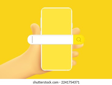 3D concept smartphone with search bar. Browser button for website. Search form template. Vector illustration.