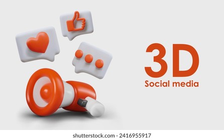 3D concept of social media, digital marketing. Modern advertising. Realistic red megaphone, comments with heart, like, three dots. Services of marketer. Promotion of account, product, brand