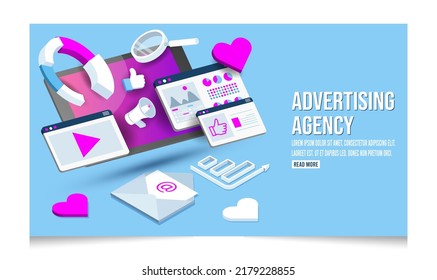 3D Conceptual Illustration of advertising creative agency, Advertising agency work process, Social Media Campaign and Digital Marketing. Vector illustration eps10