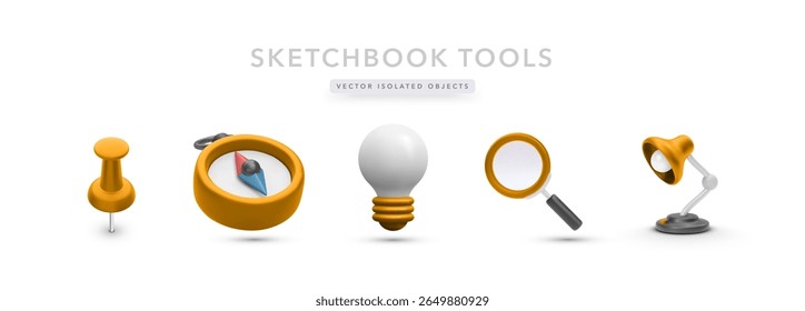 3D Conceptual Set Featuring Compass, Lightbulb, Magnifier, Lamp, And Pin. Ideal For Creativity, Discovery, Planning, And Research Themes. Colorful Vector Illustration.