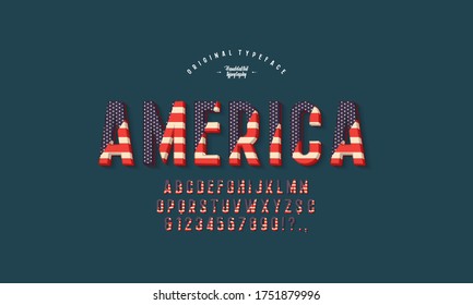 3D condensed font is made with elements of the American flag and rich texture. To design posters on national holidays.