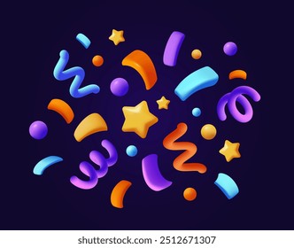 3D Confetti. Colorful elements of carnival fireworks or popper paper. Festive serpentine with stars and abstract figures for holiday celebration. Realistic vector illustration on black background