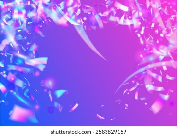 3d Confetti. Falling Tinsel. Blue Laser Burst. Disco Effect. Art Holographic Illustration. Glare Template. Surprise Banner. Color Background. Purple 3d Confetti