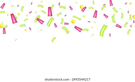 3d Confetti Firecracker Ribbon Paper Element Set. Bright colored figures fly in different directions. Poster design postcard banner web design. Vector.