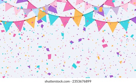 3D Confetti with Flag for Birthday, Holiday, Party, Festival. Pattern Colorful Confetti for Banner, Cover, Poster, Website, Placard, Advertising. Vector illustration