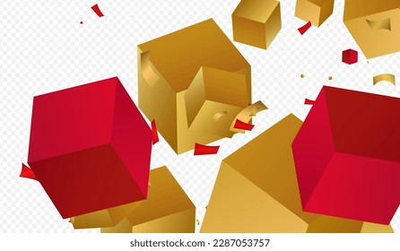 3d Confetti Flying Geometric Vector Transparent Background. Gold and Red Box Fly Party Banner. Luxury Square Fashion Wallpaper. Metal Element Isometric Design.