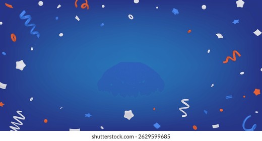 3D confetti on blue background. Isolated blue, red and silver elements. Background design for banner, greeting, sale, 4th of July independence day