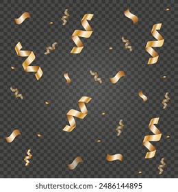 3D confetti on a transparent background. Visualize Golden Confetti in Empty Space. Metal elements. Party, holiday, party, surprise or birthday Christmas. Vector illustration